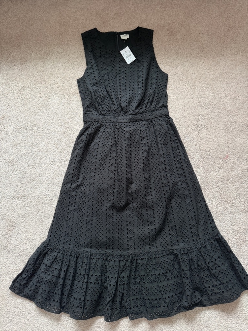 J. Crew Black Sleeveless Eyelet Midi Dress with Ruffle Hem